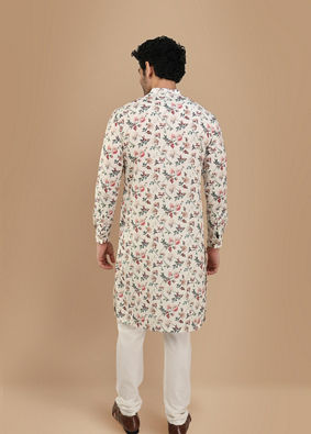 Off White Side Open Floral Print Kurta image number 2